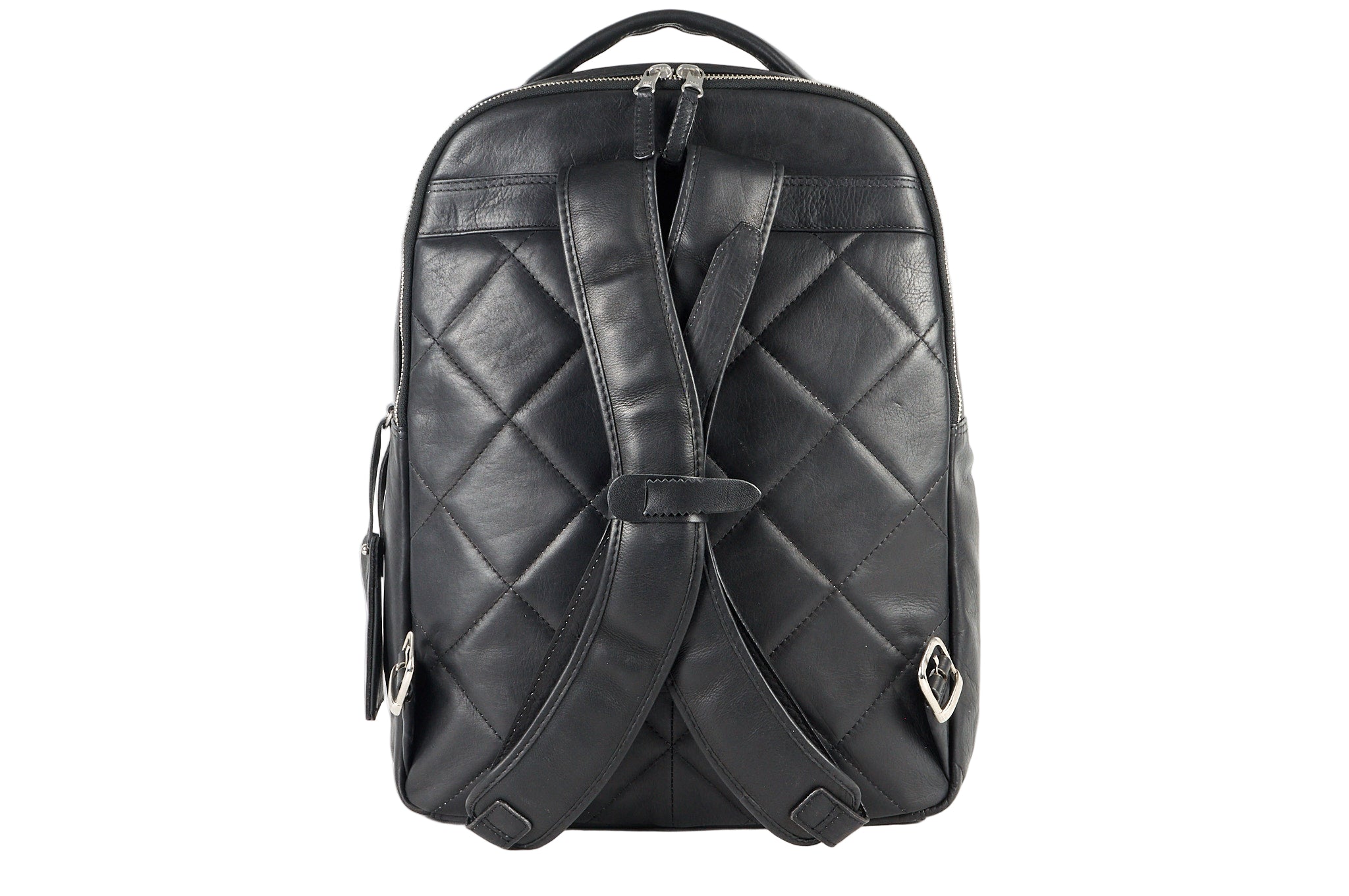 Parte posterior del morral de cuero negro ROCKY, con tiras acolchadas y refuerzos.