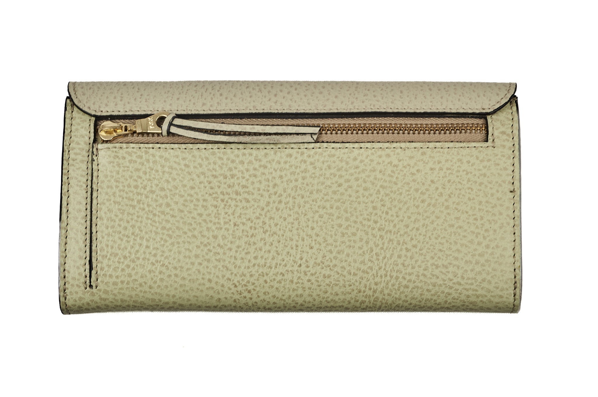 Vista posterior de la billetera de cuero verde oliva HILDA, mostrando su diseño limpio y bolsillo exterior.